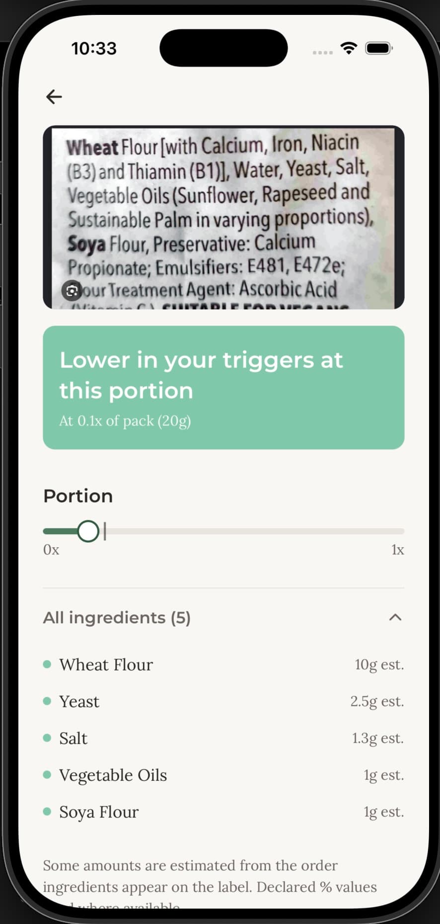 Olara Snap result on a food label. Green, lower FODMAP.